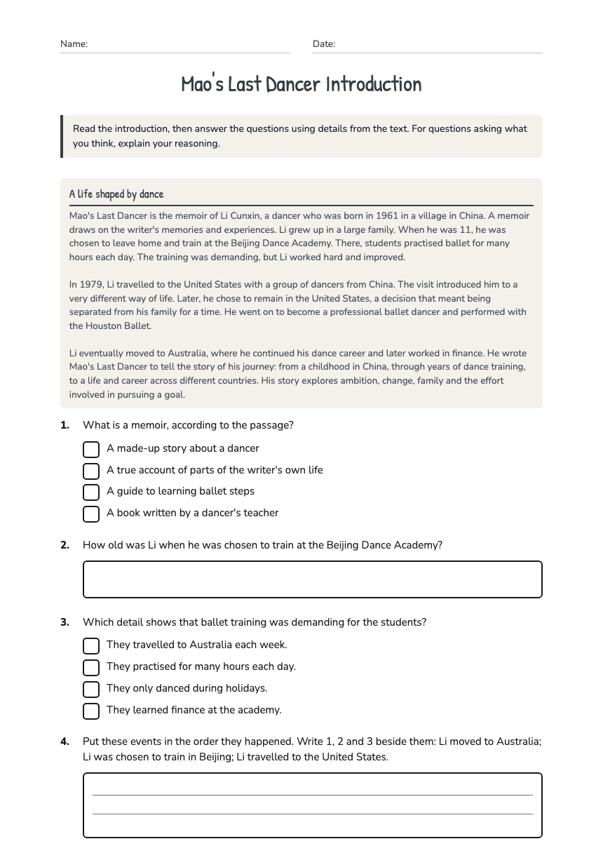 Mao's Last Dancer Introduction worksheet preview