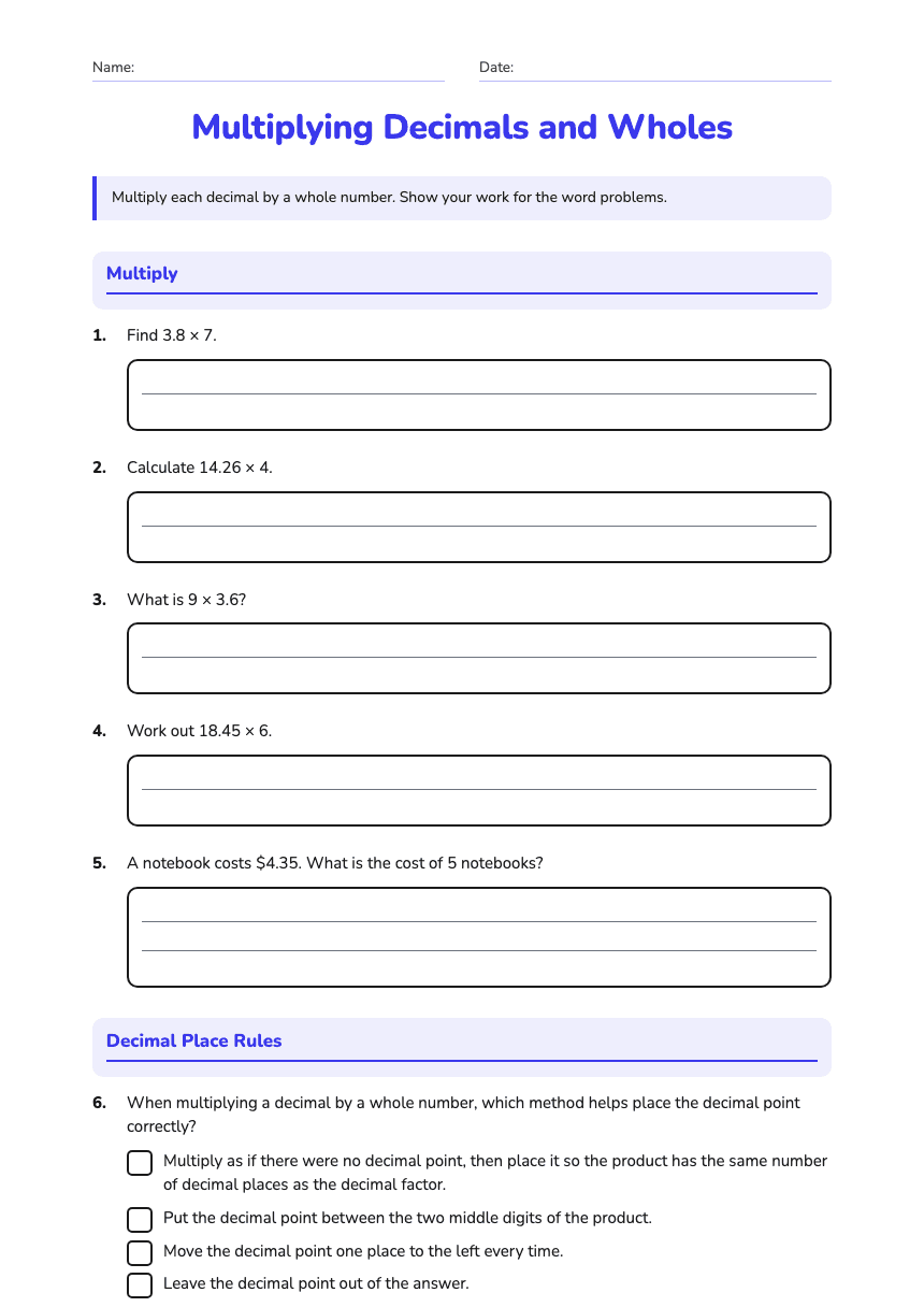 Multiplying Decimals and Wholes worksheet preview
