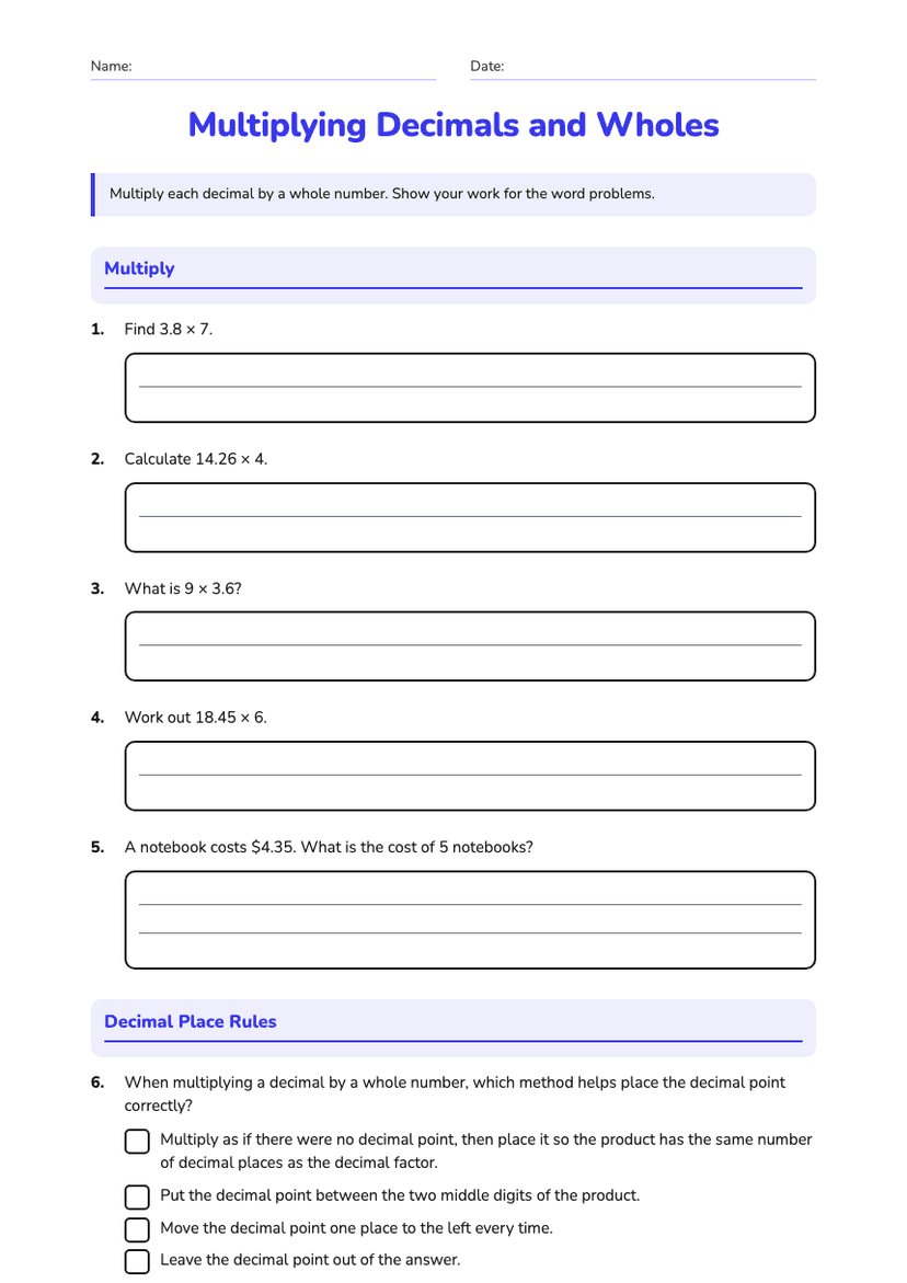 Multiplying Decimals and Wholes