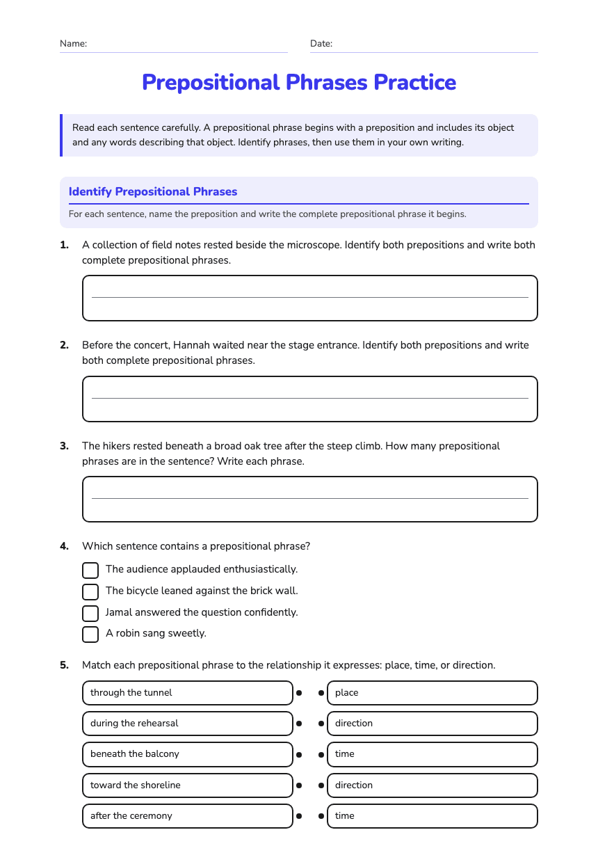 Prepositional Phrases Practice worksheet preview
