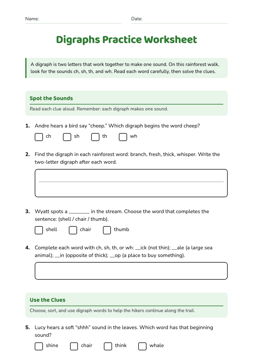 Digraphs Practice Worksheet worksheet preview