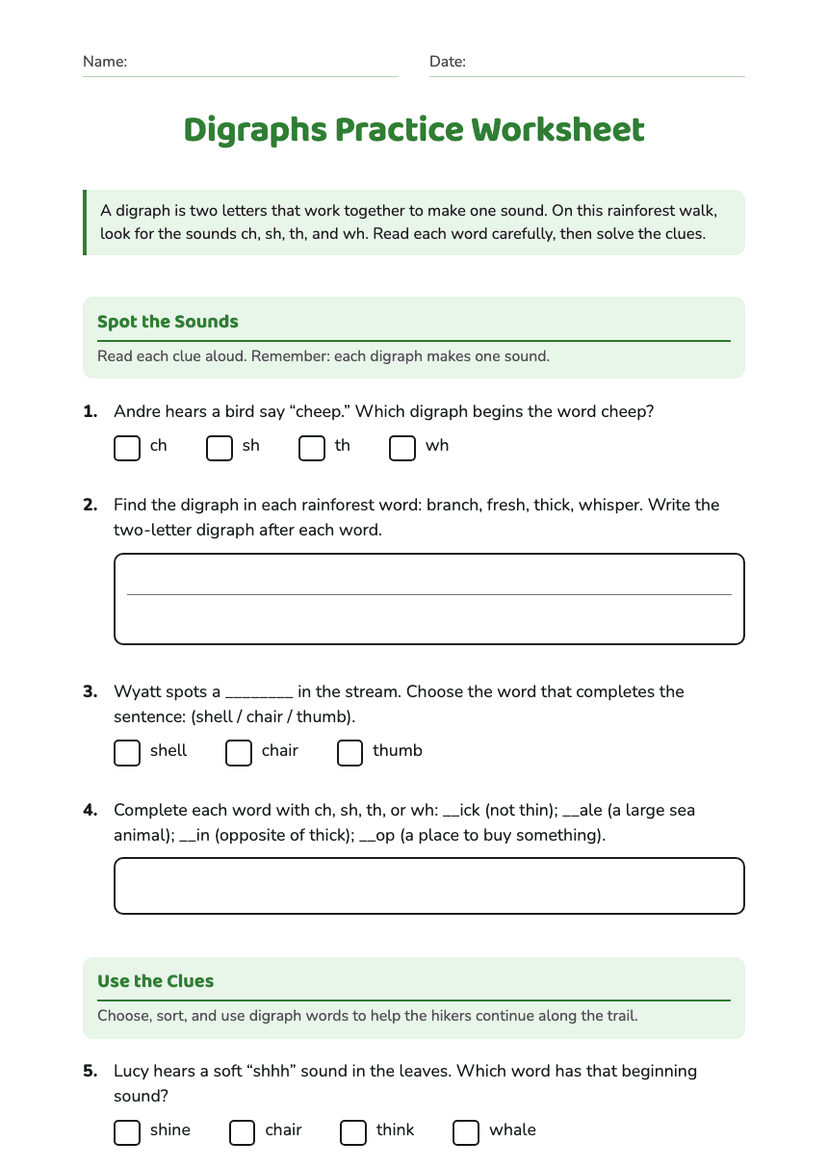 Digraphs Practice Worksheet