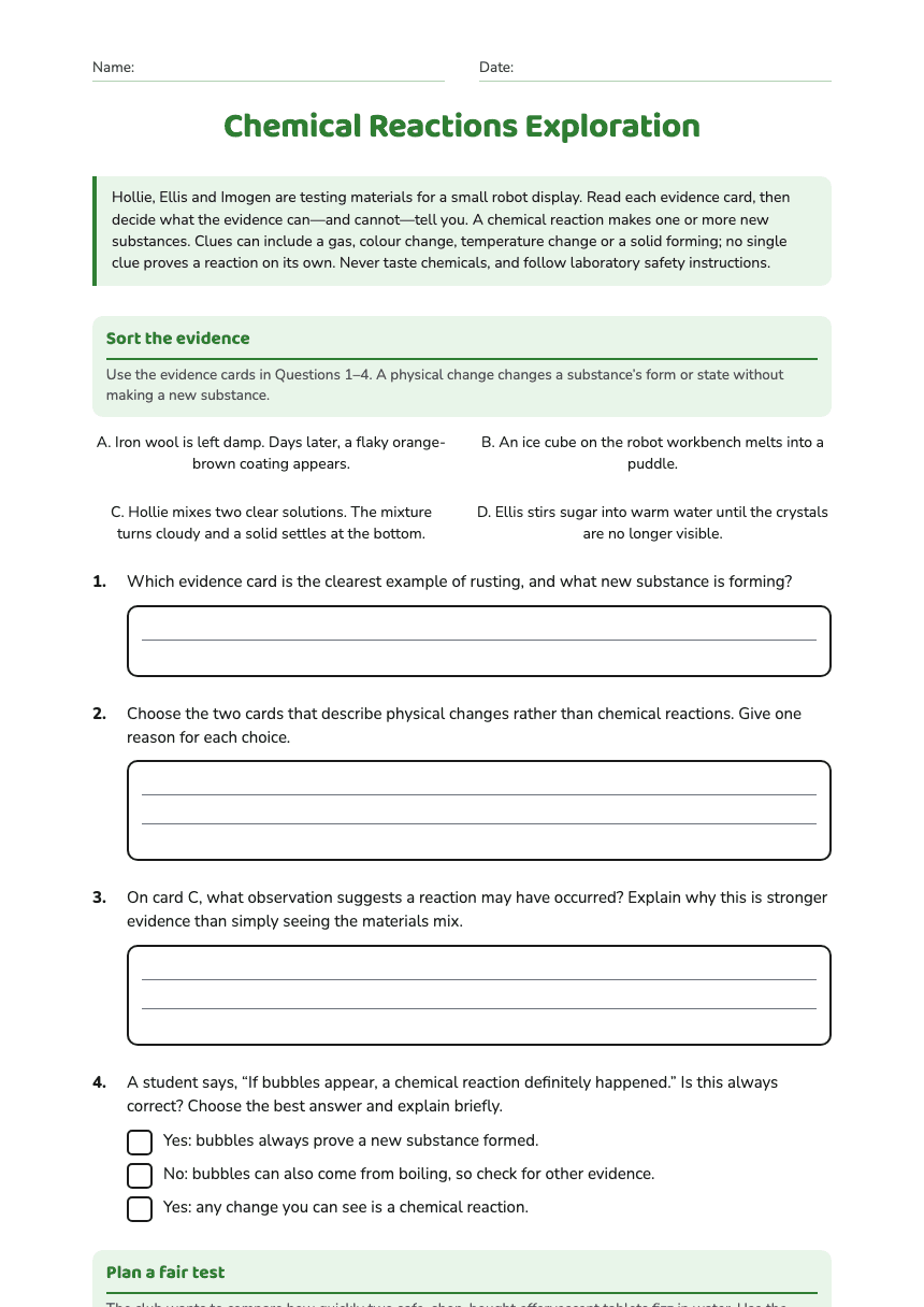Chemical Reactions Exploration worksheet preview