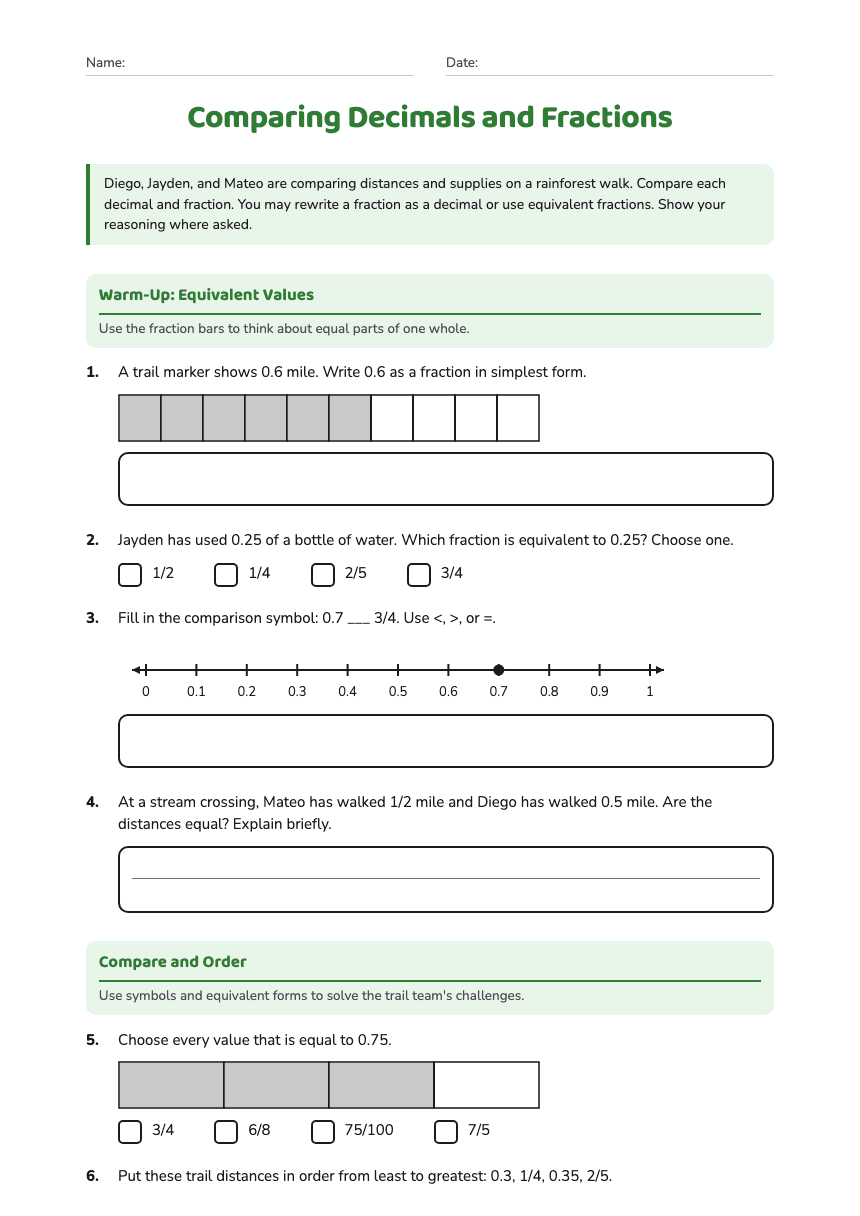 Comparing Decimals and Fractions worksheet preview
