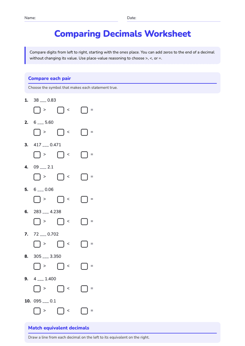Comparing Decimals Worksheet