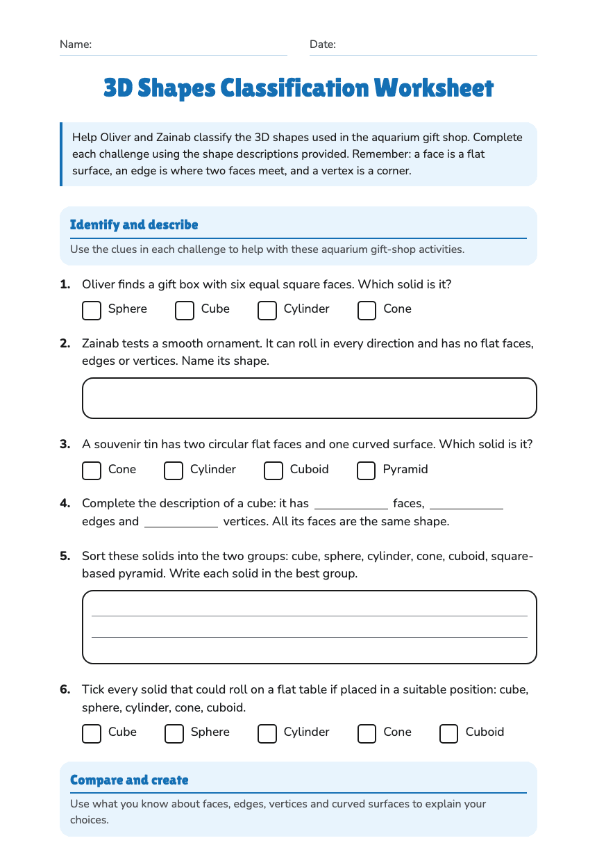 3D Shapes Classification Worksheet worksheet preview