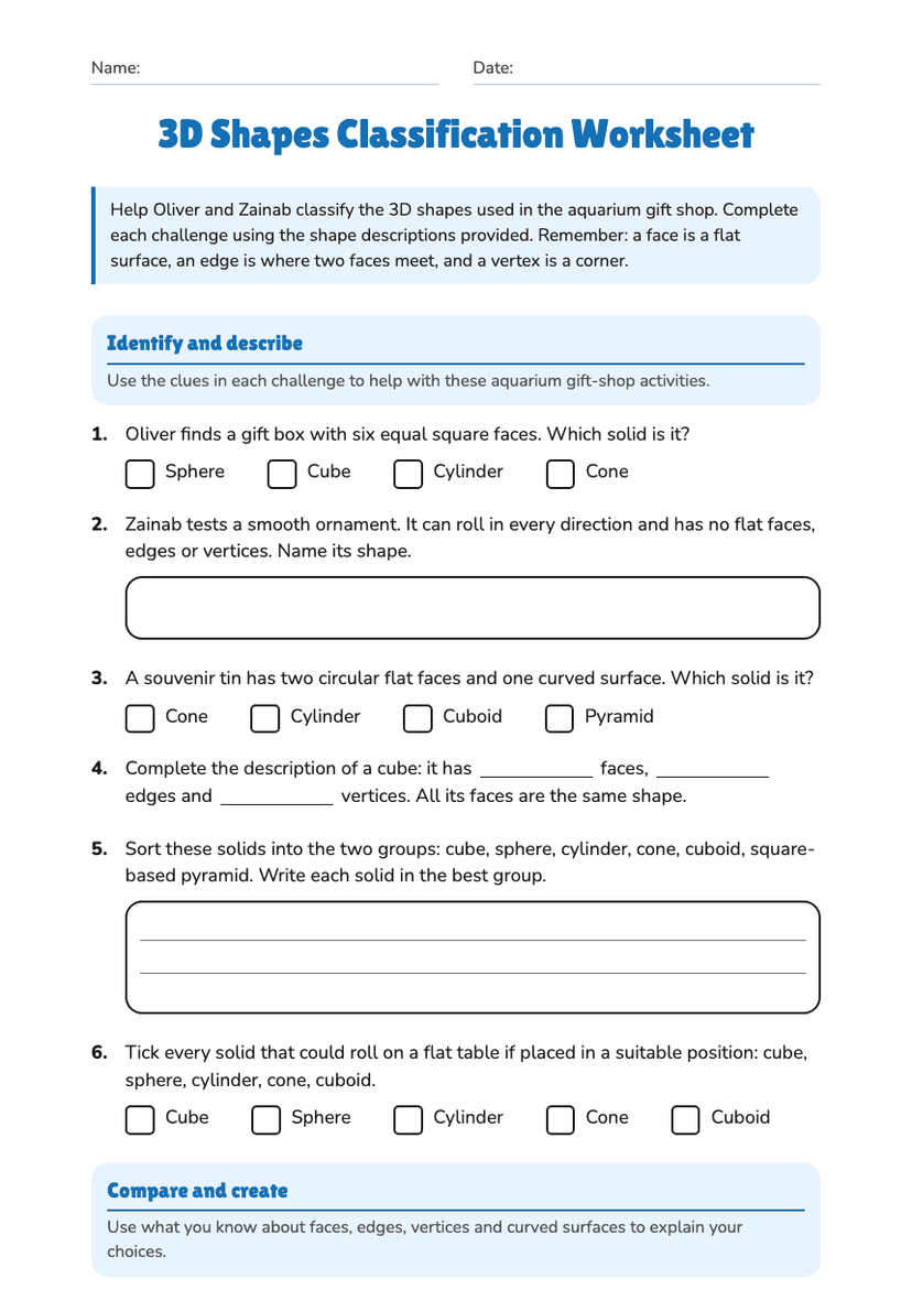 3D Shapes Classification Worksheet