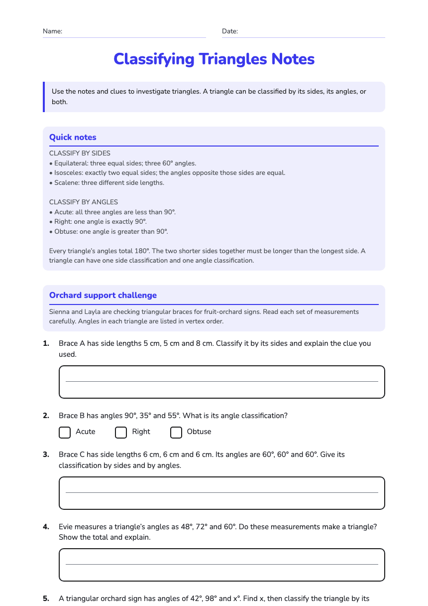 Classifying Triangles Notes worksheet preview