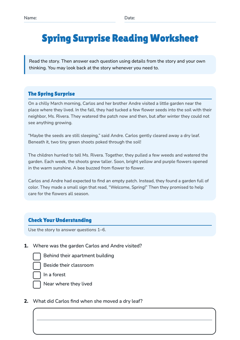 Spring Surprise Reading Worksheet