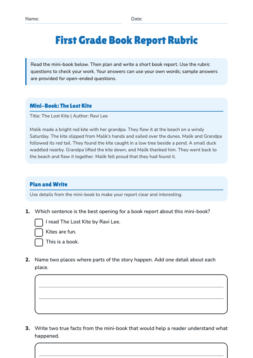 First Grade Book Report Rubric
