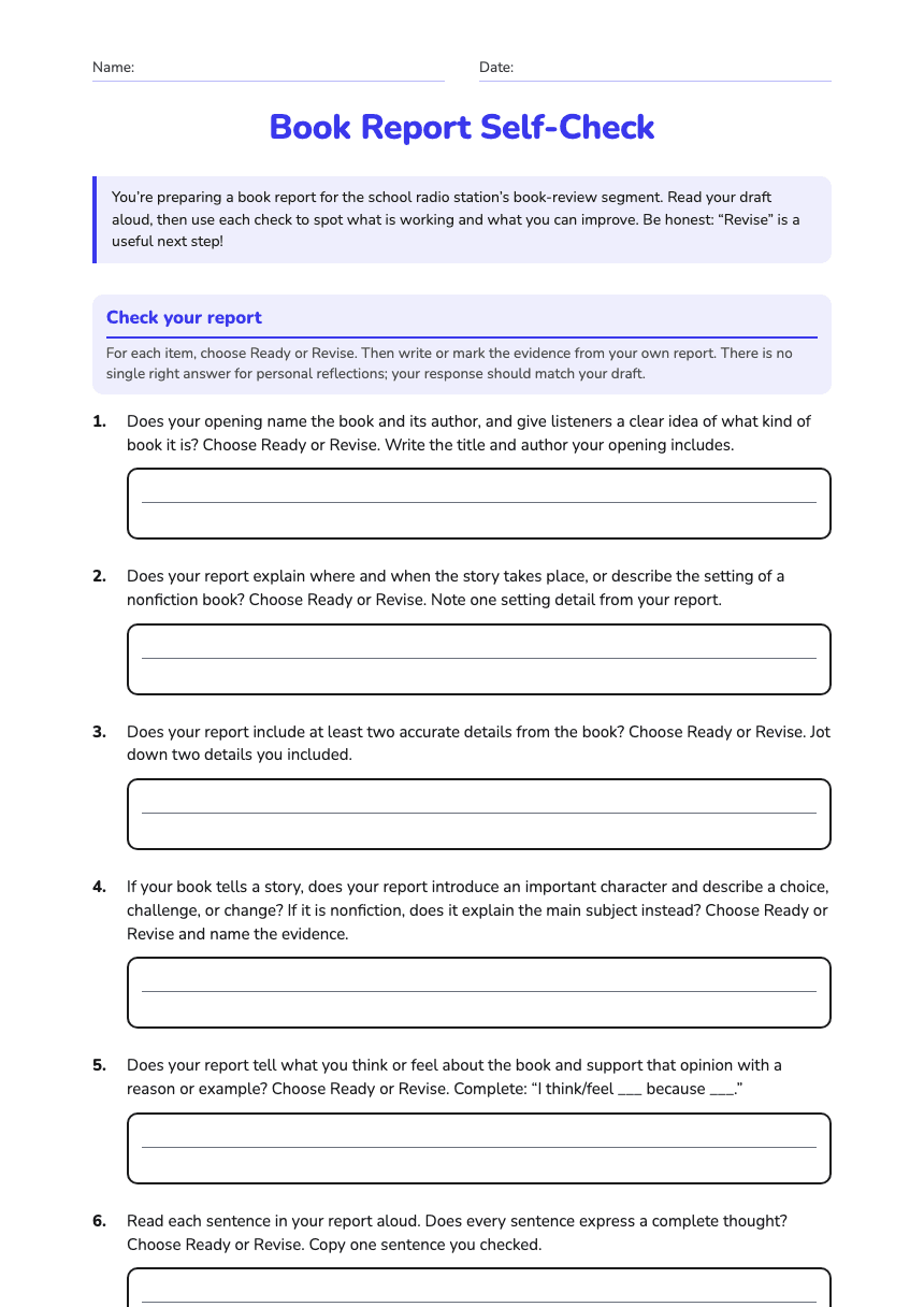 Book Report Self-Check worksheet preview