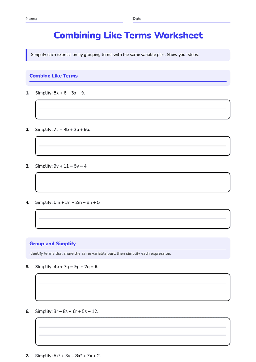 Combining Like Terms Worksheet