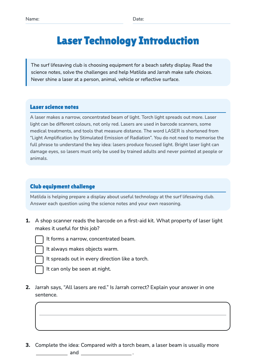 Laser Technology Introduction worksheet preview