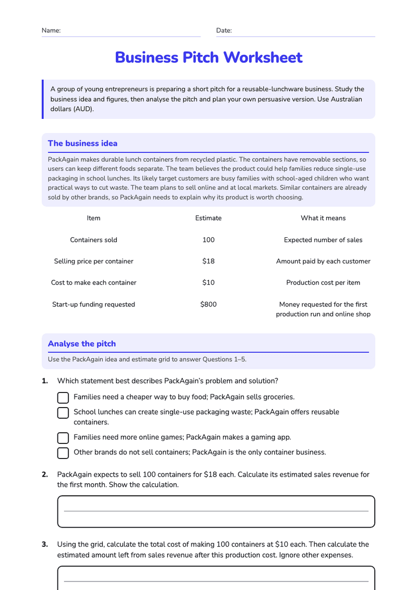 Business Pitch Worksheet