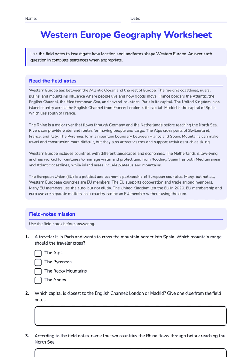 Western Europe Geography Worksheet