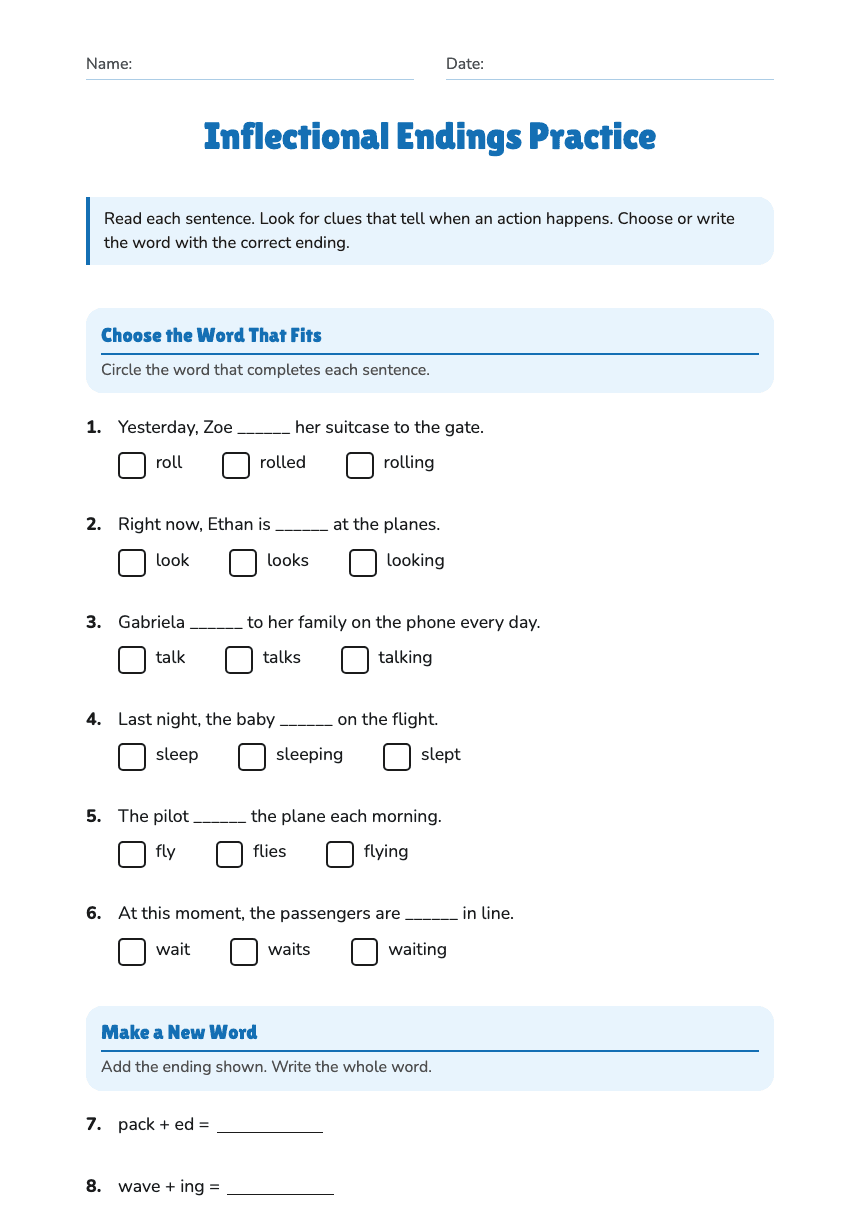 Inflectional Endings Practice worksheet preview