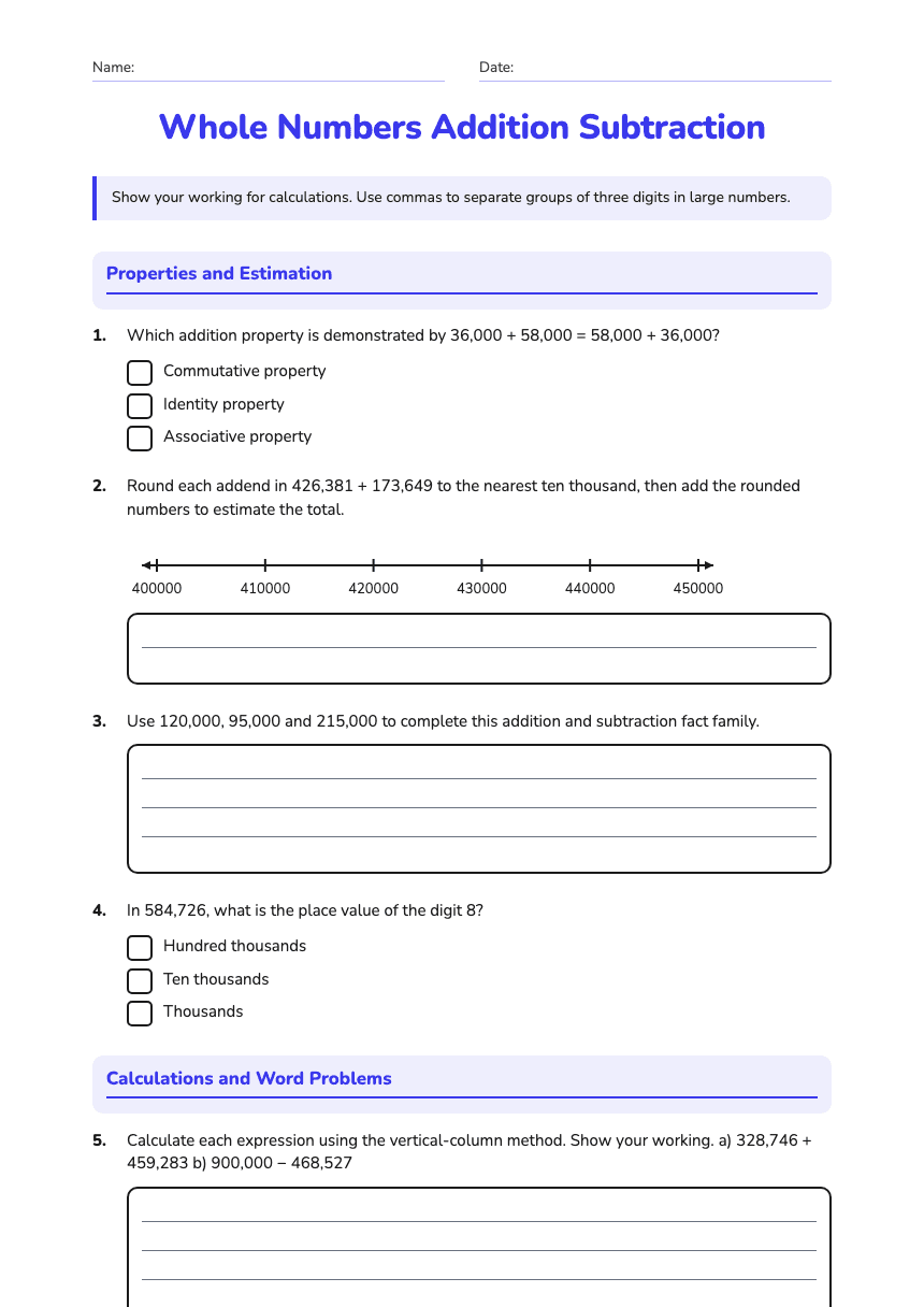 Whole Numbers Addition Subtraction worksheet preview