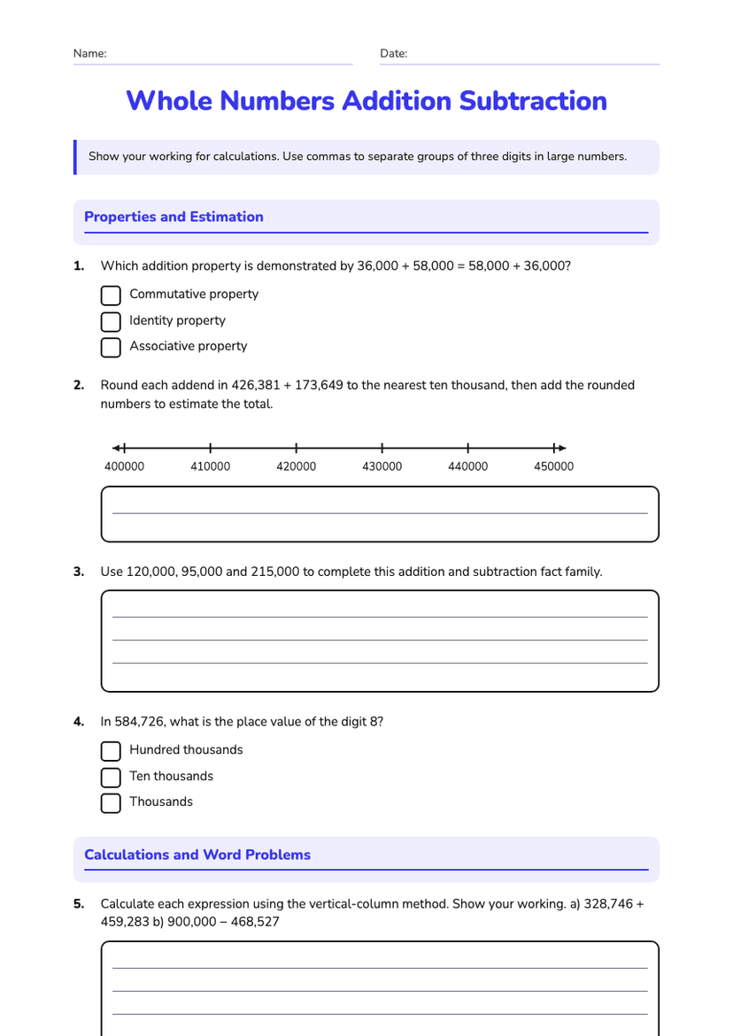 Whole Numbers Addition Subtraction