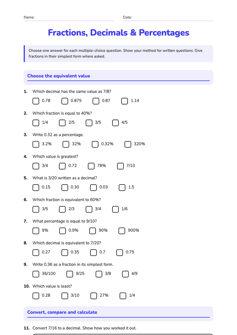 Fractions, Decimals & Percentages