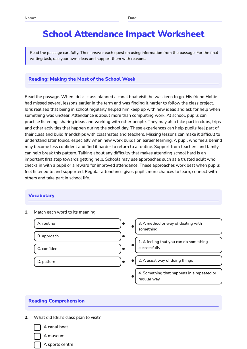 School Attendance Impact Worksheet worksheet preview