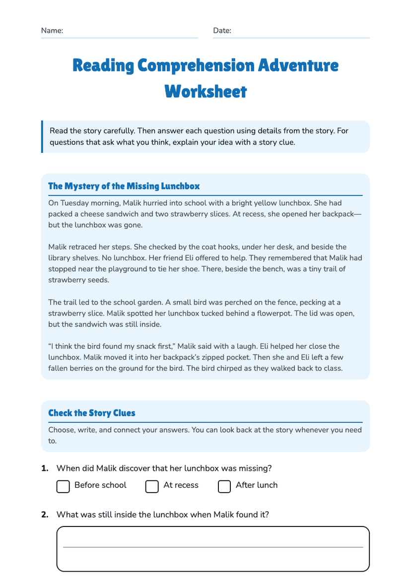 Reading Comprehension Adventure Worksheet
