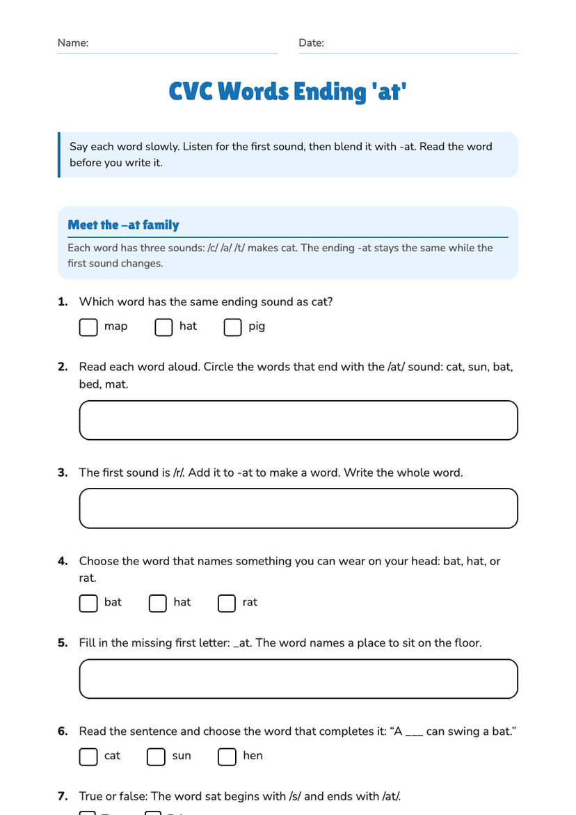 CVC Words Ending 'at'
