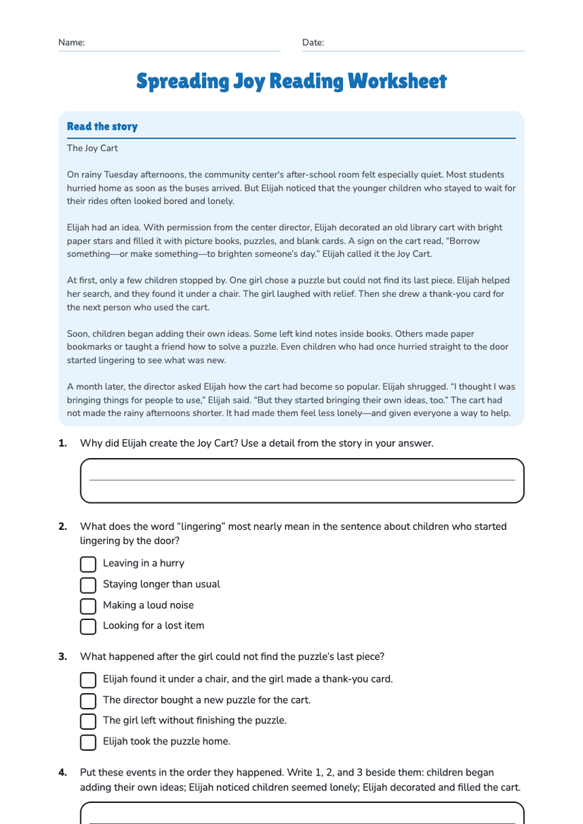 Spreading Joy Reading Worksheet