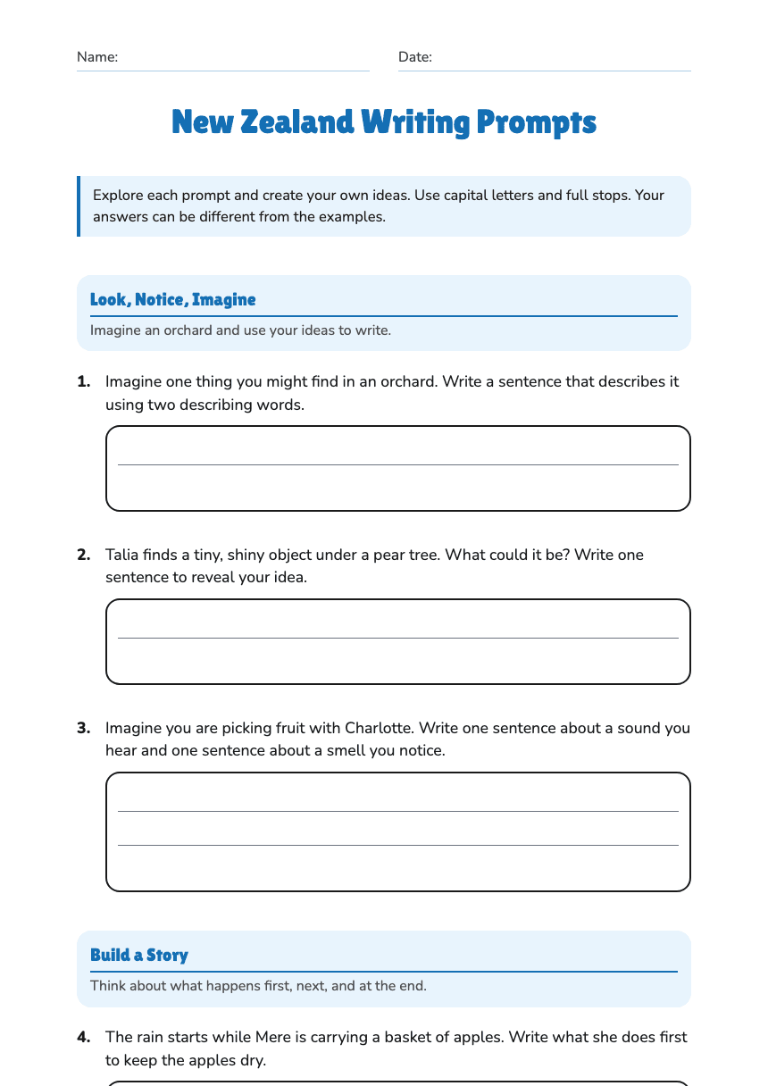 New Zealand Writing Prompts worksheet preview