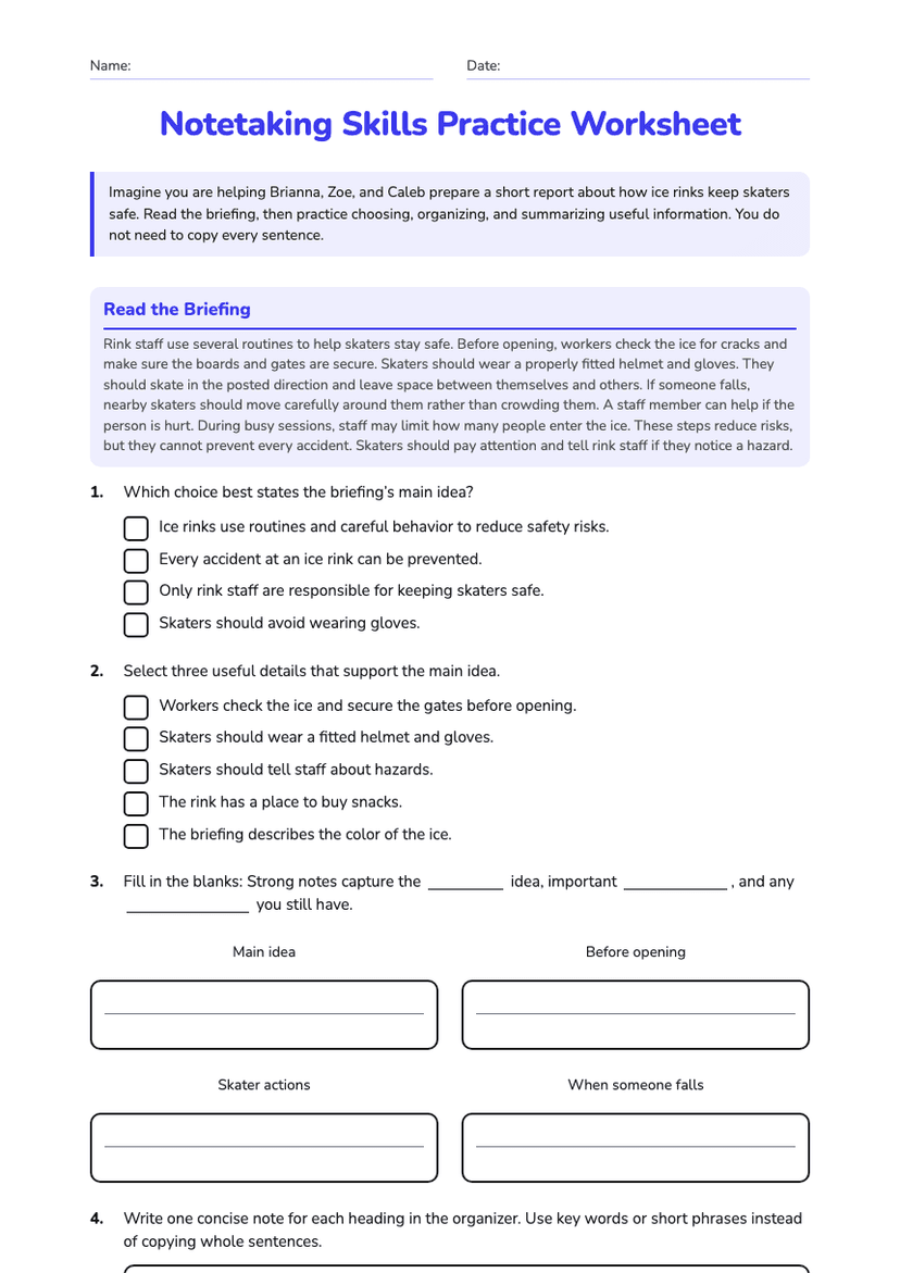 Notetaking Skills Practice Worksheet