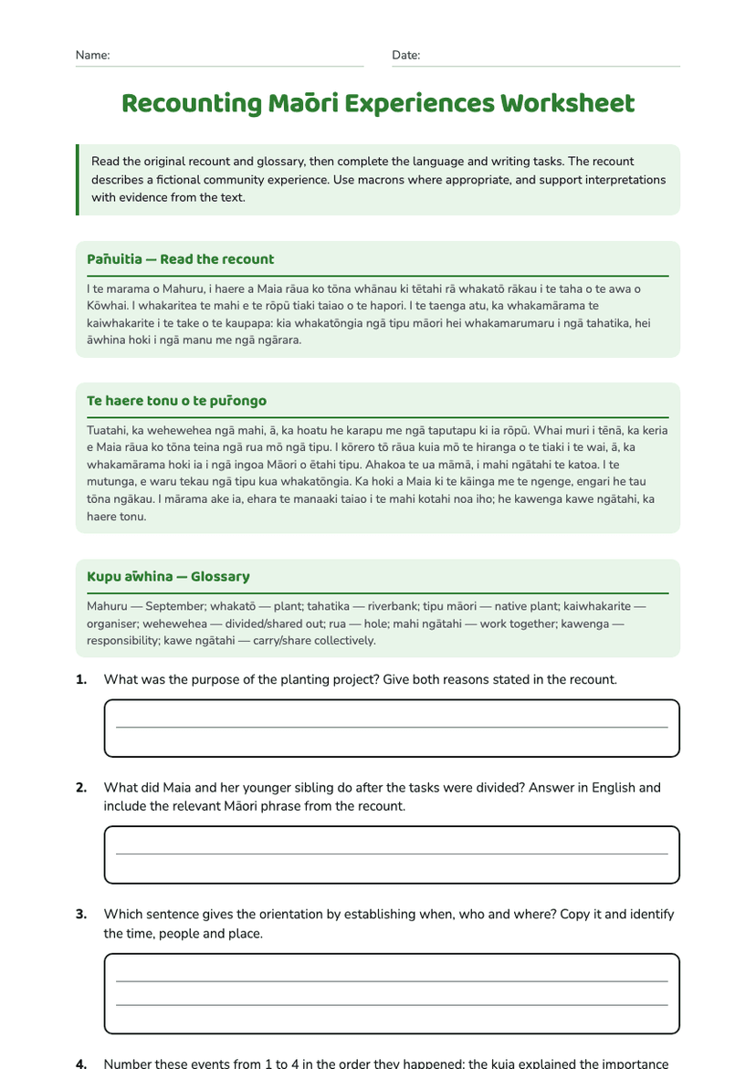Recounting Māori Experiences Worksheet