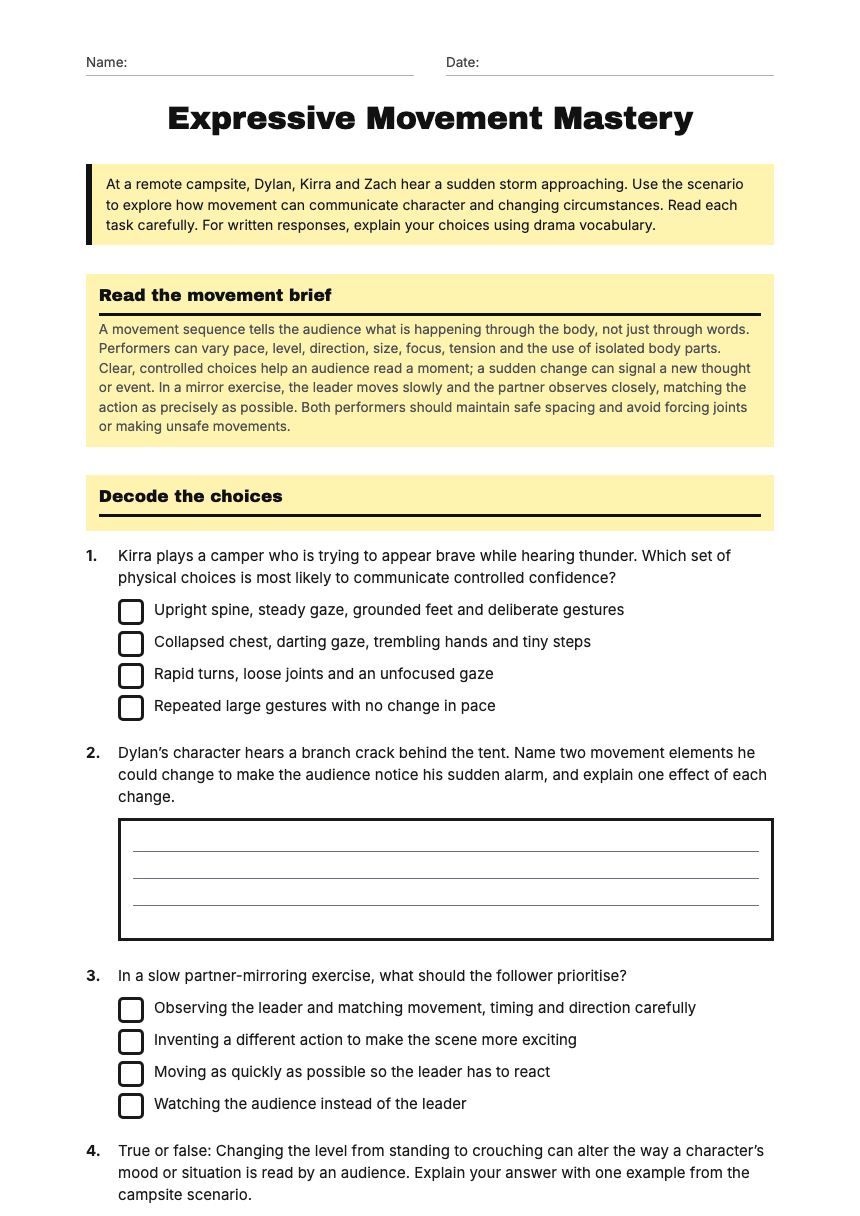 Expressive Movement Mastery worksheet preview
