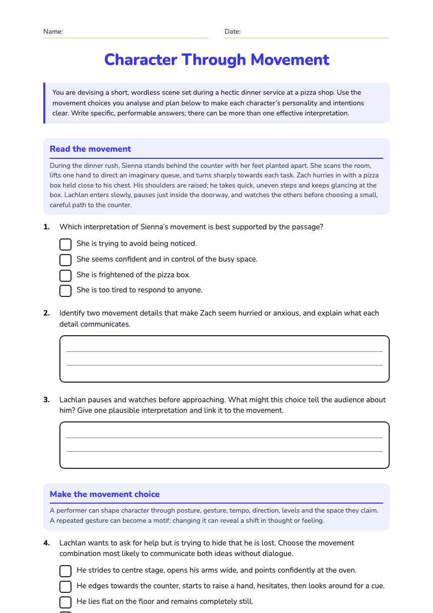 Character Through Movement worksheet preview