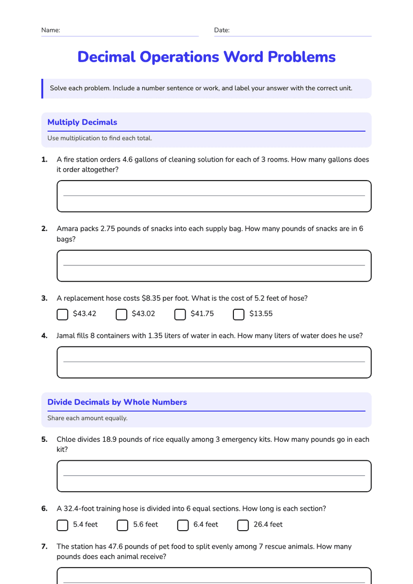 Decimal Operations Word Problems