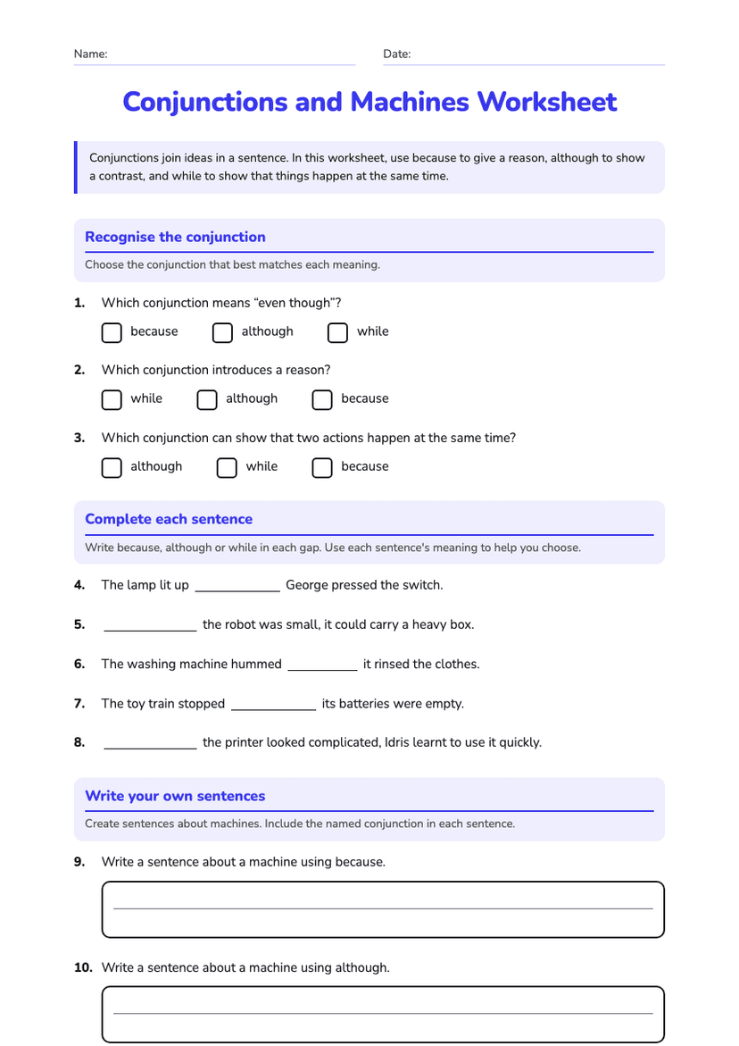 Conjunctions and Machines Worksheet
