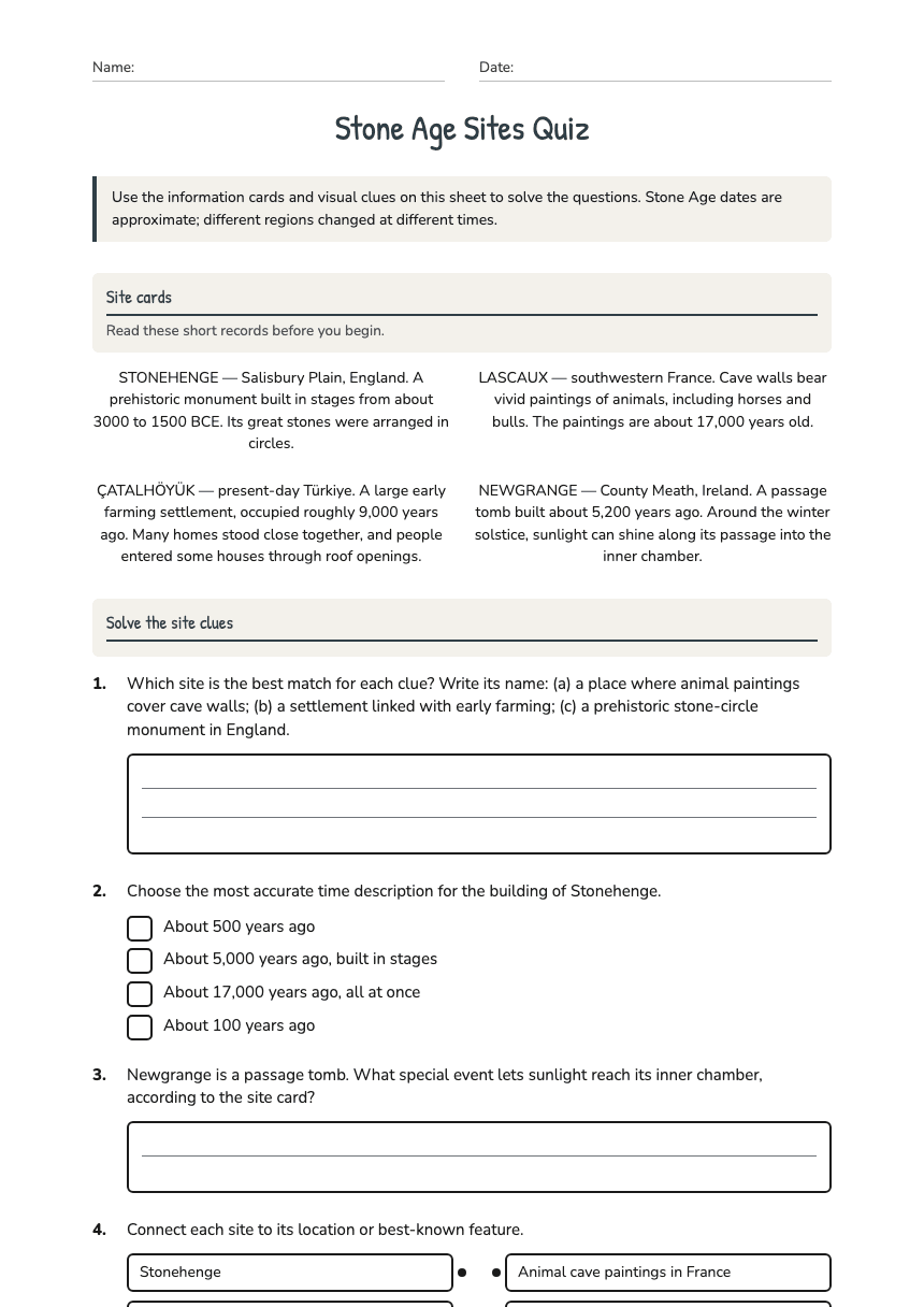 Stone Age Sites Quiz worksheet preview