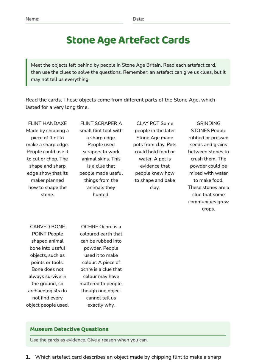 Stone Age Artefact Cards worksheet preview