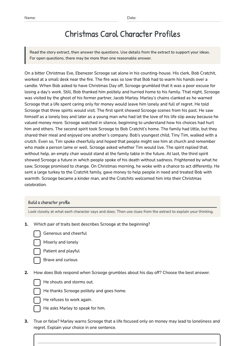 Christmas Carol Character Profiles worksheet preview