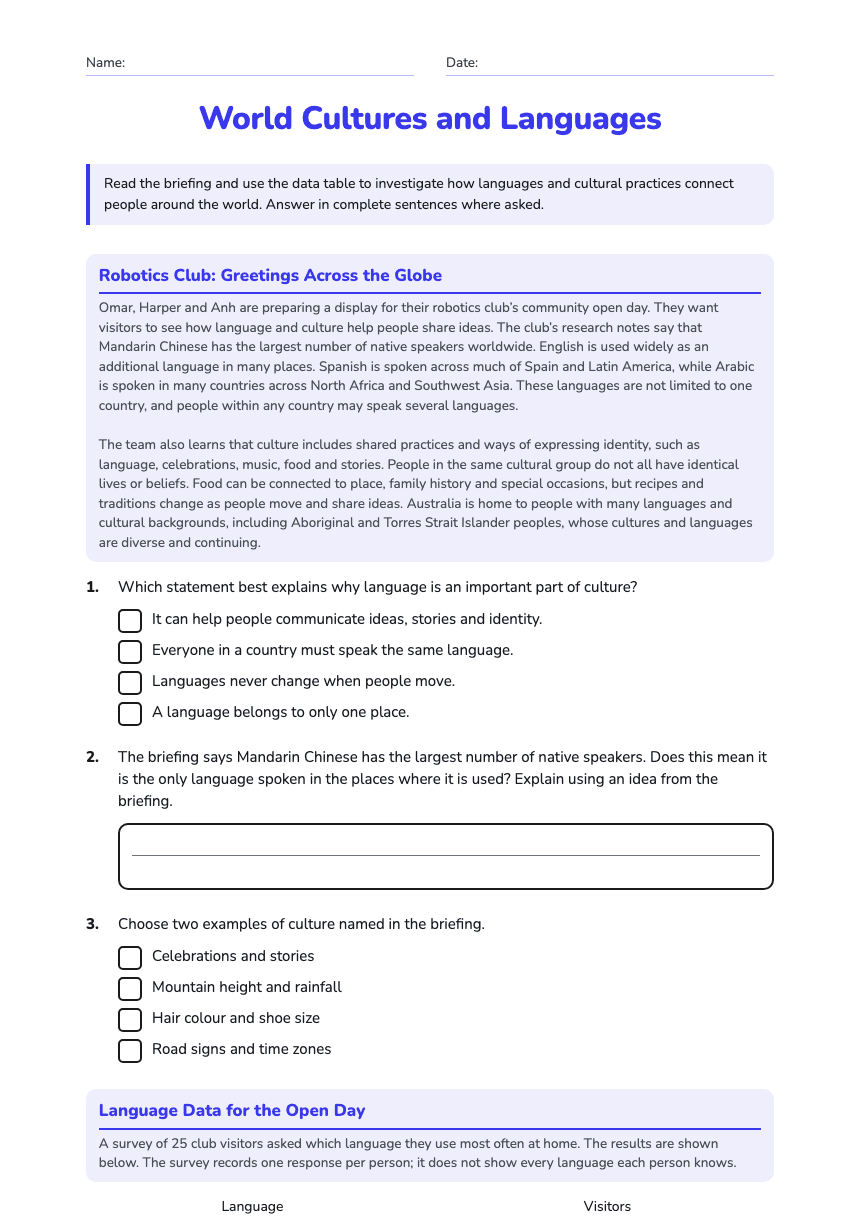 World Cultures and Languages worksheet preview
