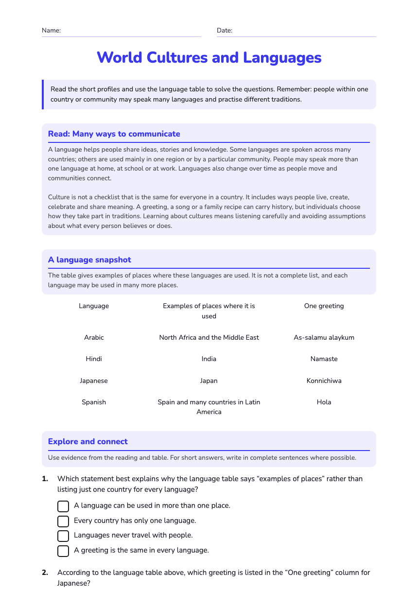 World Cultures and Languages worksheet preview