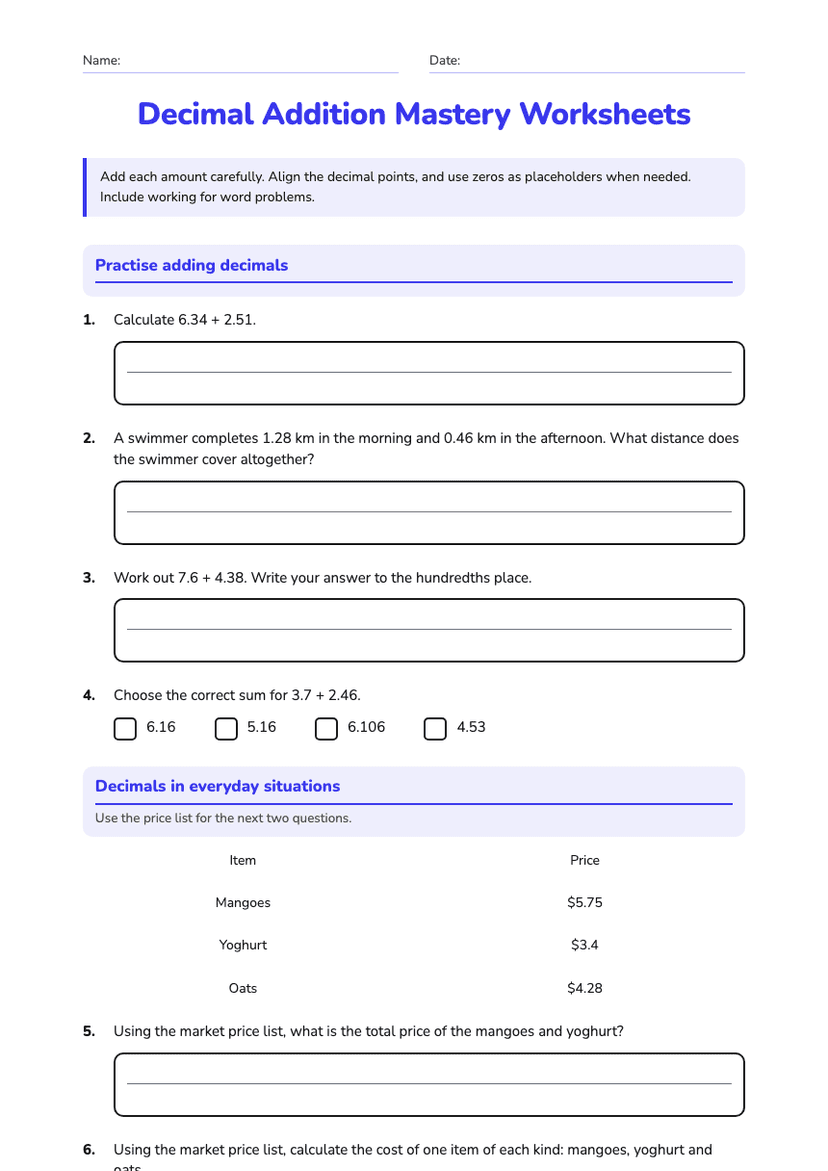 Decimal Addition Mastery Worksheets