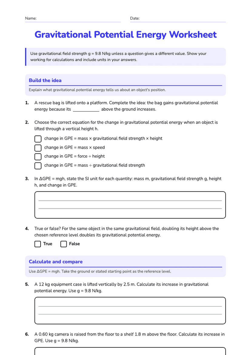 Gravitational Potential Energy Worksheet