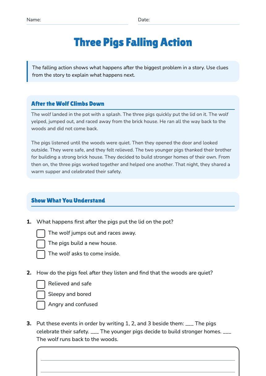 Three Pigs Falling Action worksheet preview