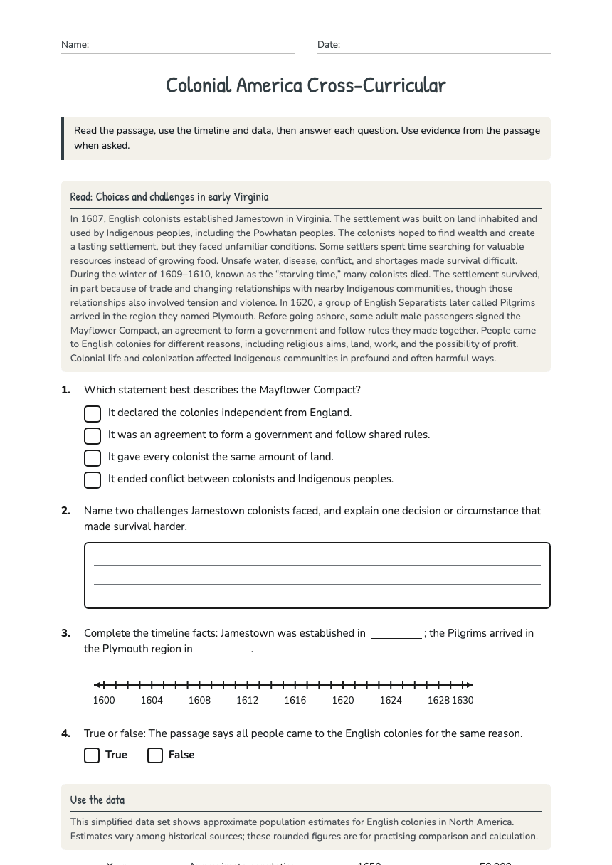 Colonial America Cross-Curricular worksheet preview