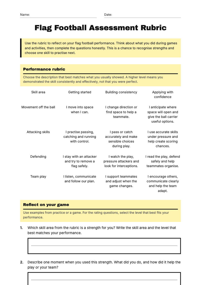 Flag Football Assessment Rubric