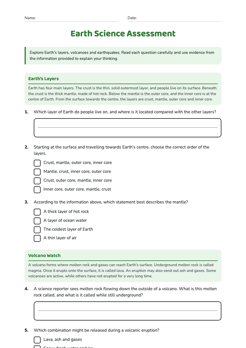 Earth Science Assessment worksheet preview