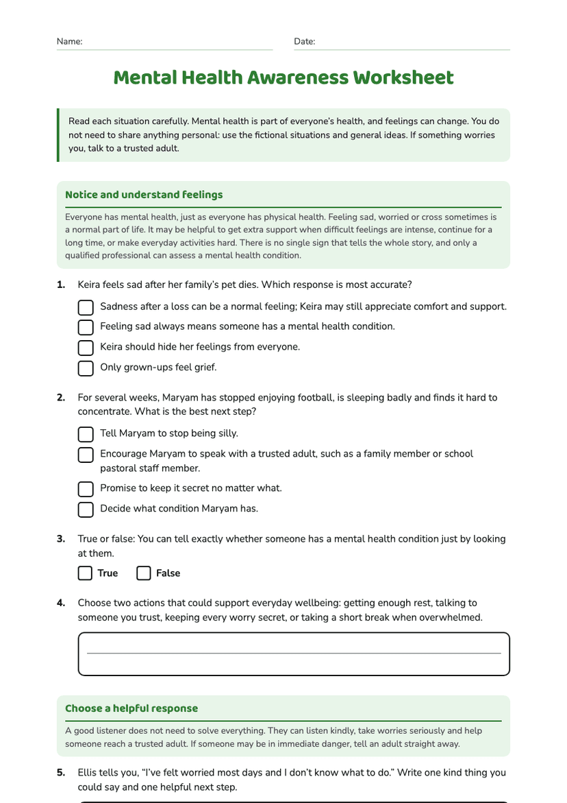 Mental Health Awareness Worksheet
