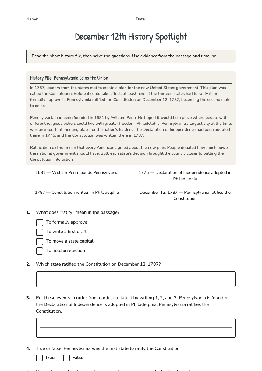 December 12th History Spotlight worksheet preview