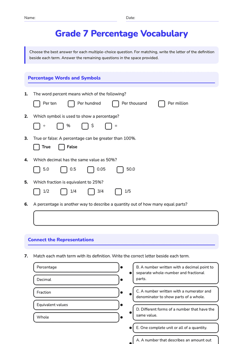 Grade 7 Percentage Vocabulary