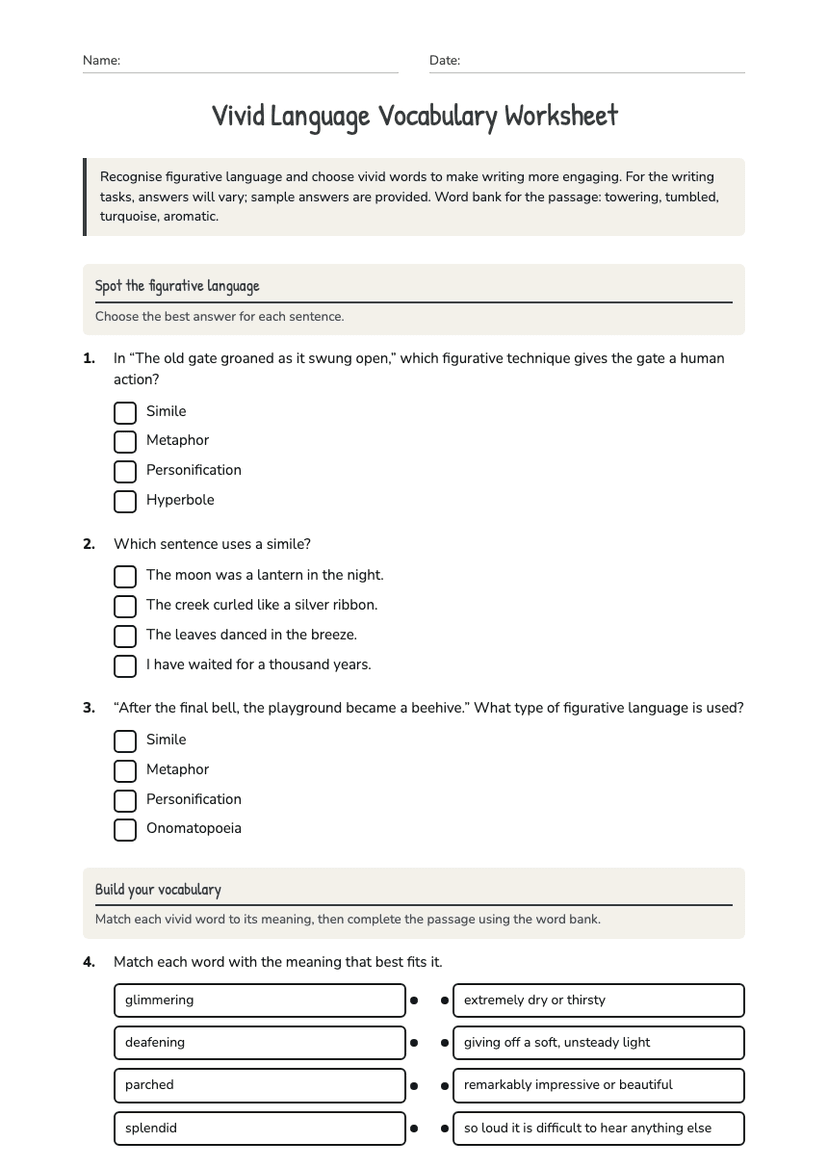 Vivid Language Vocabulary Worksheet
