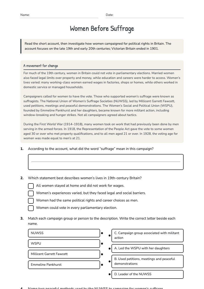 Women Before Suffrage worksheet preview